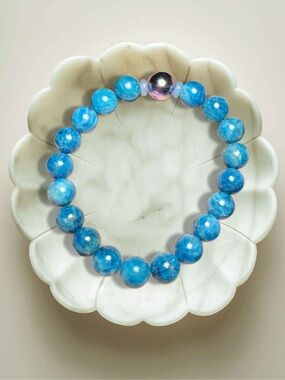 Blue Apatite Bracelet 10mm Rainbow Quartz Focal Gemstone Bracelet